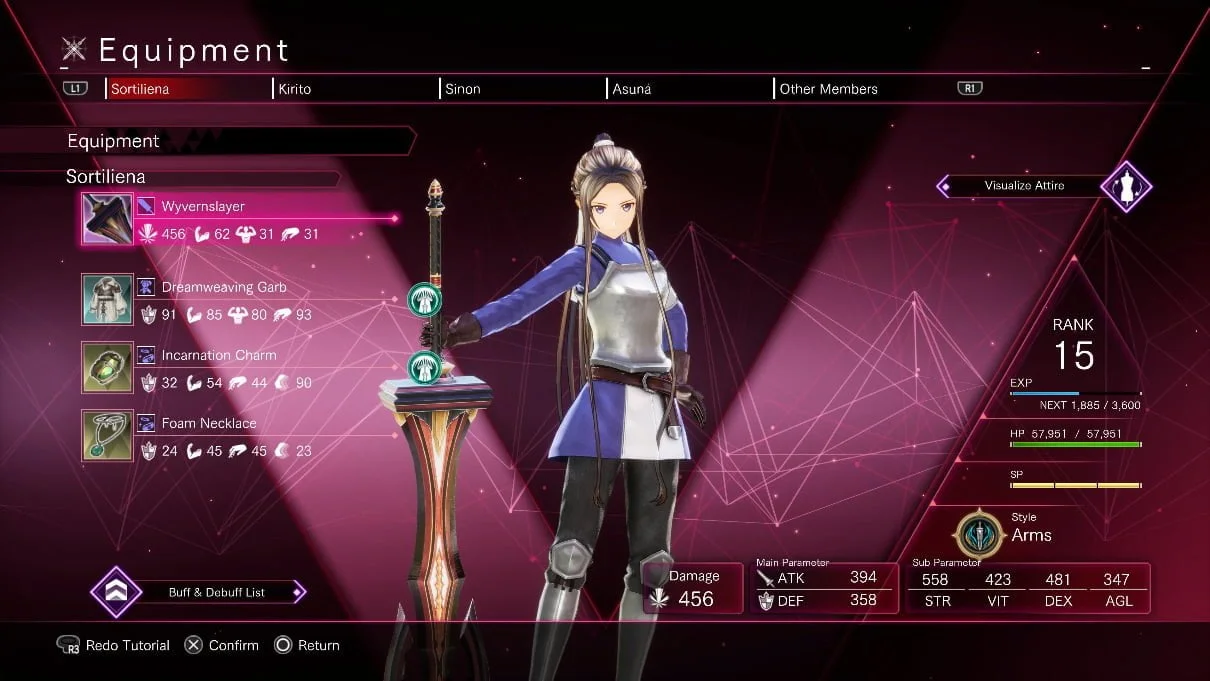 Sword Art Online Last Recollection Review - Equip Screen