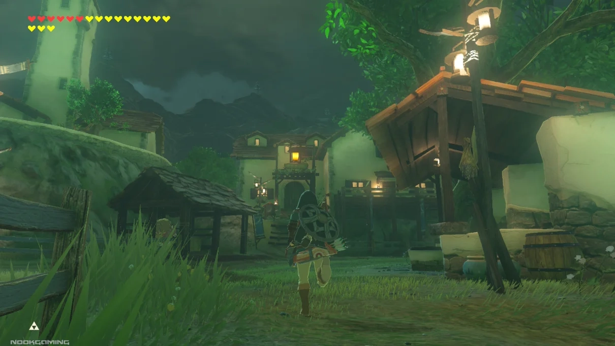In a village at night in The Legend of Zelda: Breath of the Wild Switch 2 edition