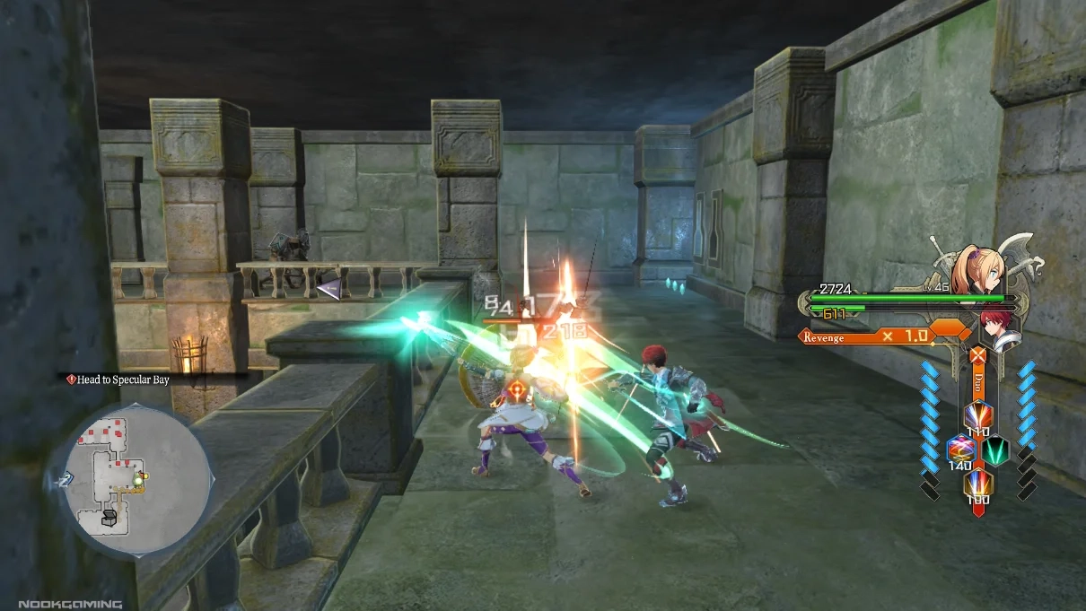 Adol and Karja using a duo skill in combat
