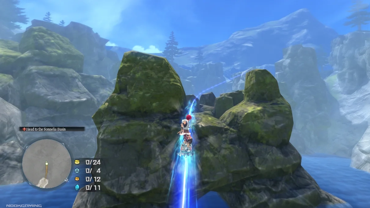 Adol riding his mana board in a new section