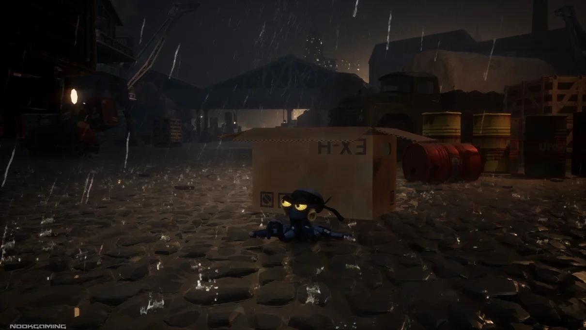 Darwin from Darwin's Paradox! in his stealth costume in front of a box