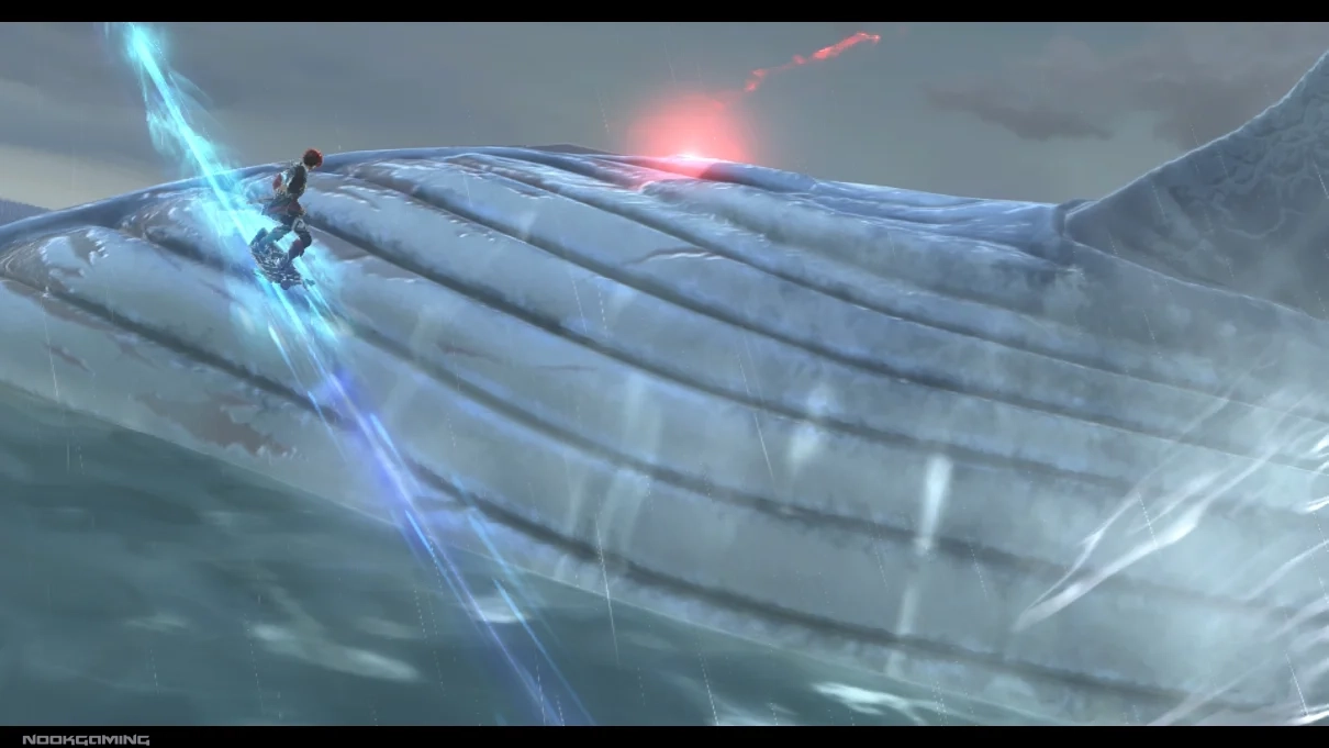 Adol sailing on his mana board over a breaching whale