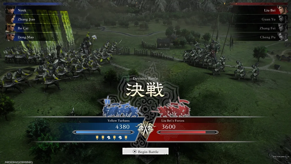 A decisive battle between factions (turbans vs liu bei) in Dynasty Warriors: Origins Visions Of Four Heroes