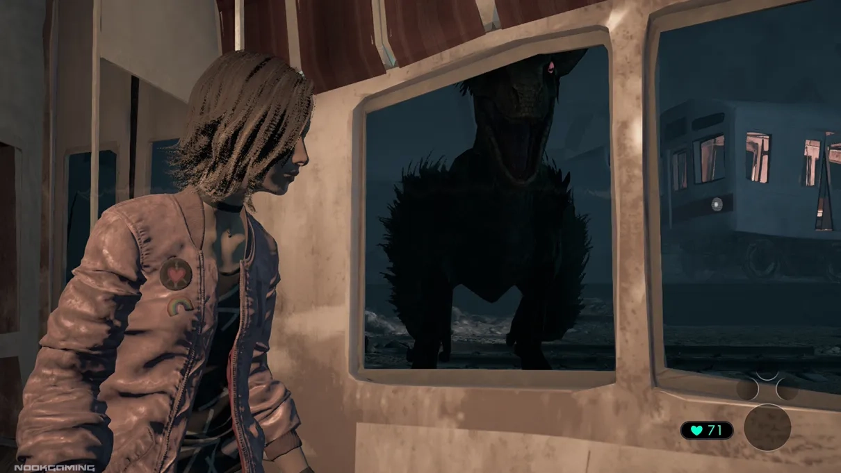 Anne next to a hungry dinosaur in Tokyo Scramble