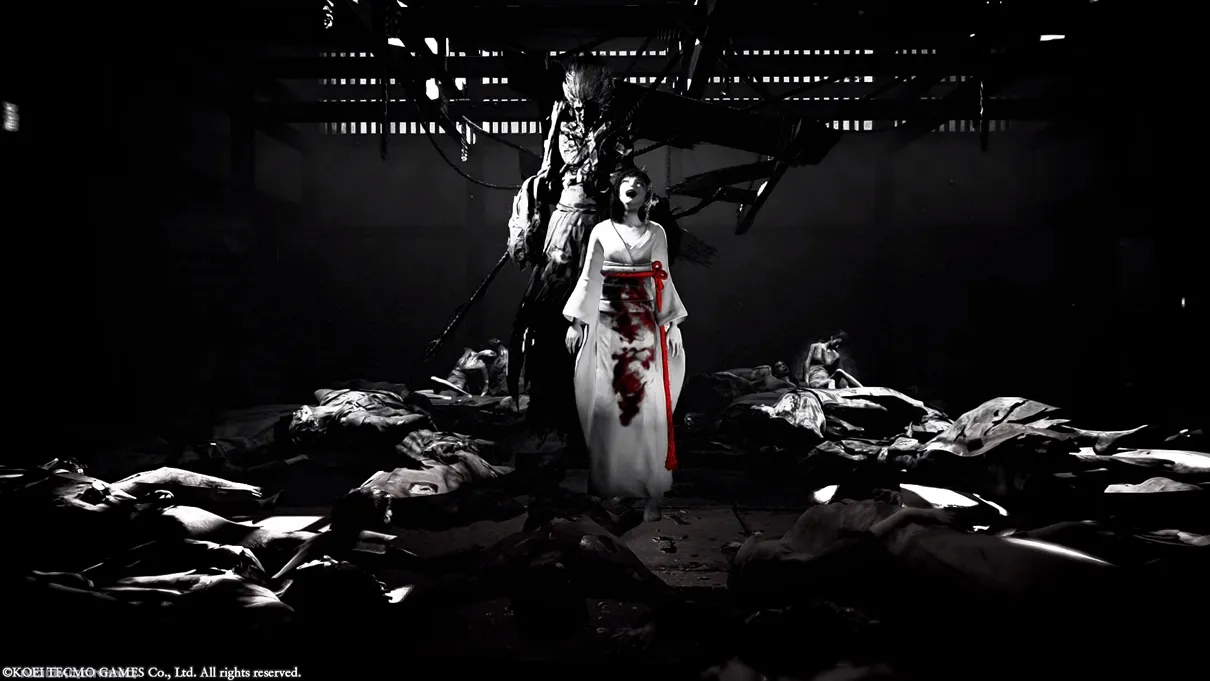Dark black-and-white murder cutscene