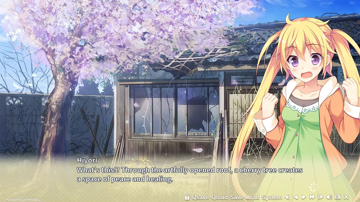 Early scene of Karigurashi Ren'ai with Hiyori at Takuma's ruined house
