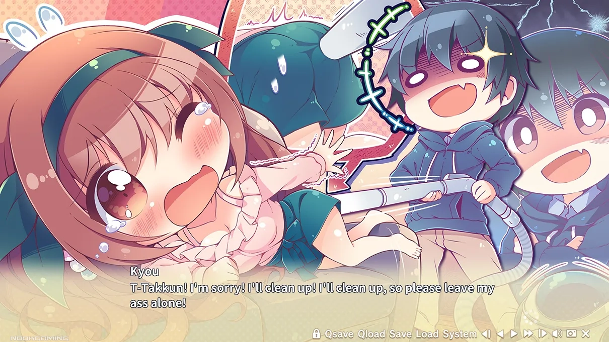 Chibi/SD CG of Takuma "vacuuming" Kyou