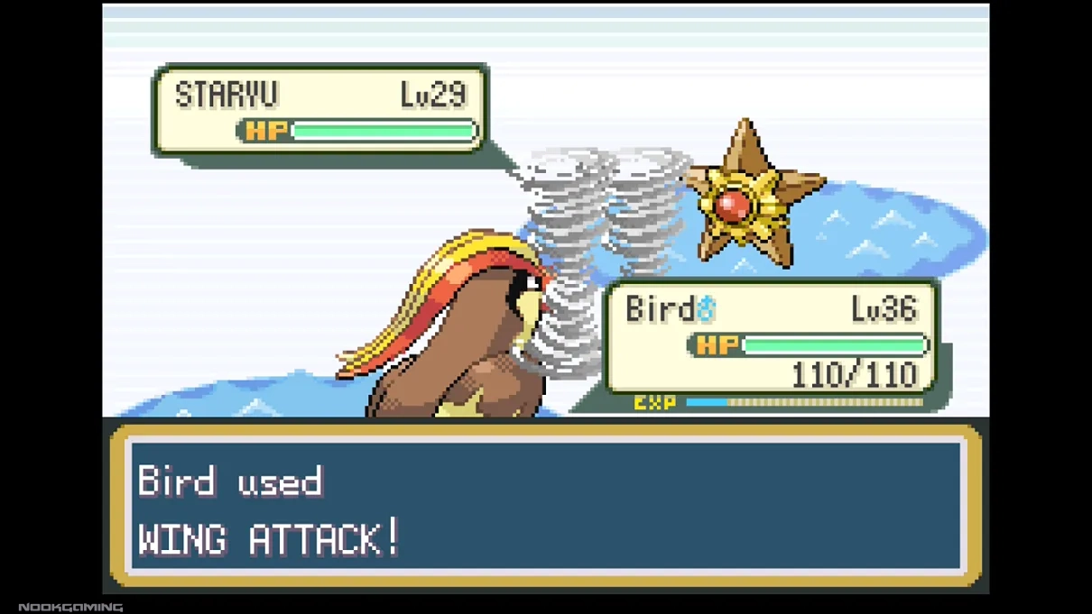Pidgeot versus Staryu battle in Pokémon Fire Red / Leaf Green