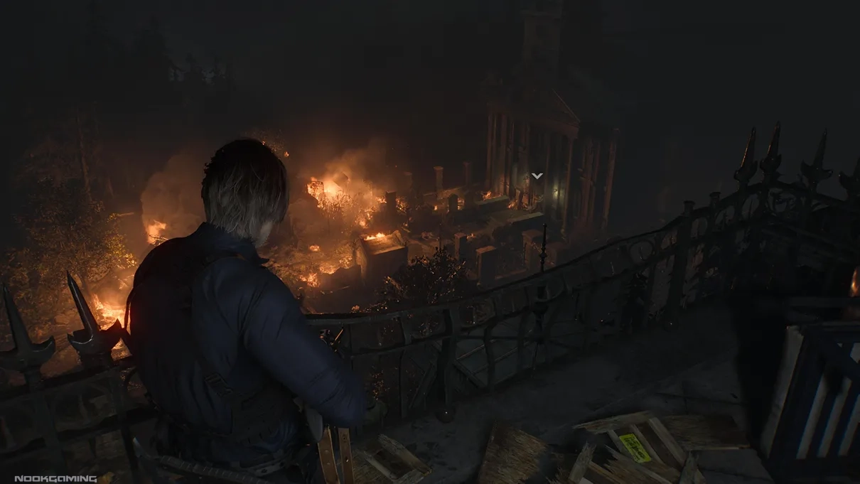 An area on fire while Leon looks over it