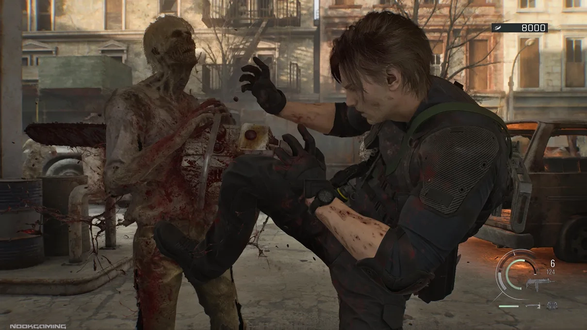 Leon kicking a zombie in Resident Evil Requiem