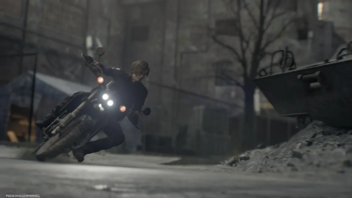 Leon riding a motorbike in Resident Evil Requiem