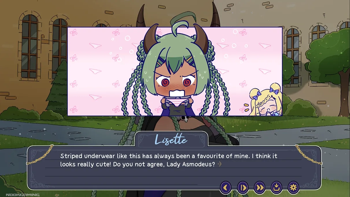Chibi art of Asmodeus holding Lisette's underwear and being laughed at by her