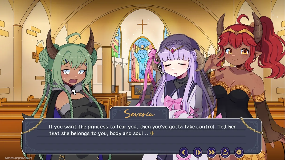 Asmodeus and her servants Nimue and Severia talking about how to control the princess