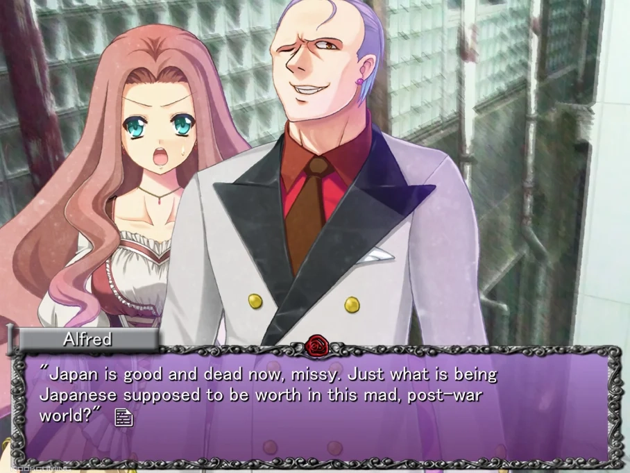 Rose confronted by a mob boss (Alfred) about Japan's deteriorating state