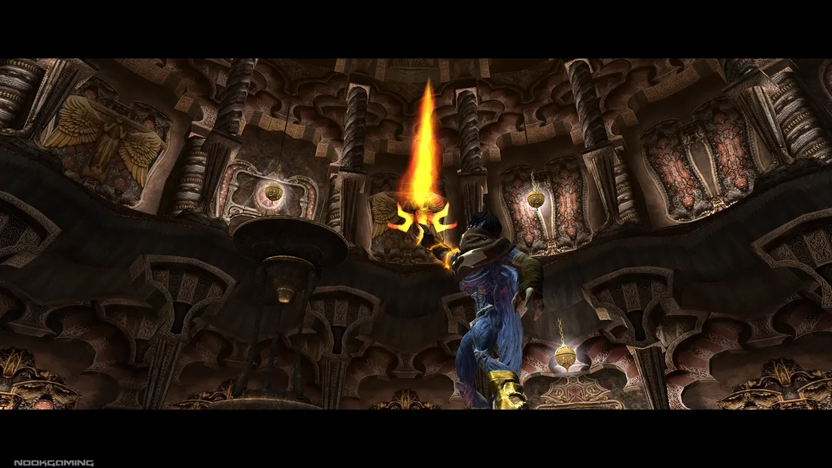 Raising a glowing sword in a victorious pose in Legacy of Kain: Defiance Remastered