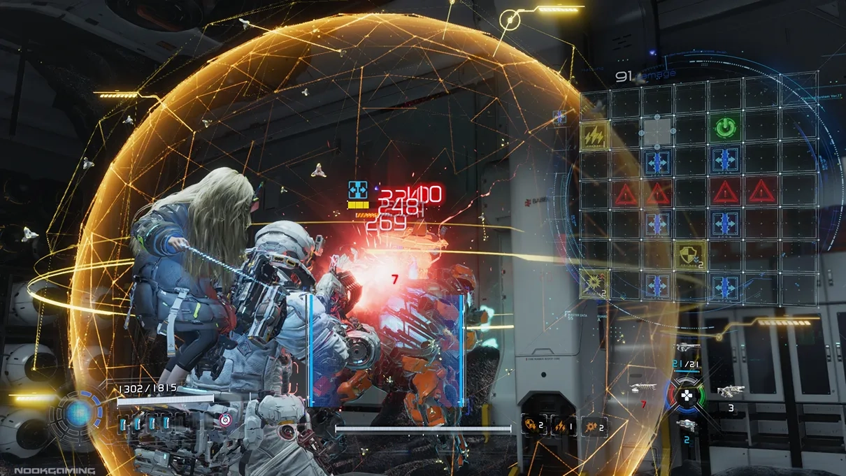 Hugh shooting while Diana performs hacking in Pragmata