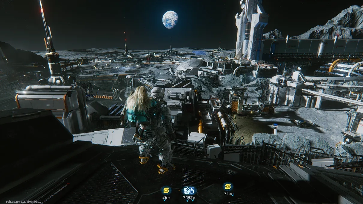 Pragmata main characters Hugh and Diana looking at the Earth from the moon