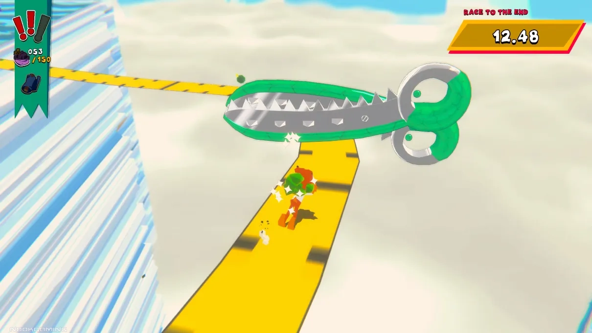 Running across a narrow bridge with scissors about to chop Bubsy