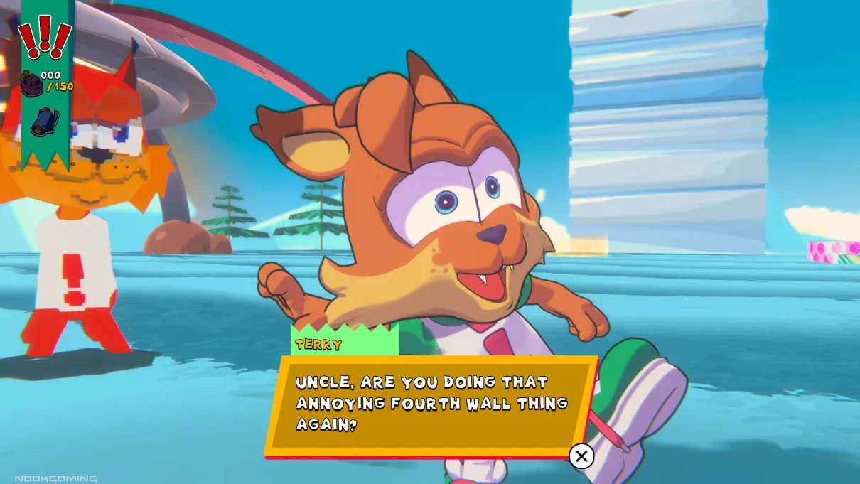 Terry complaining about fourth wall breaking in Bubsy 4D