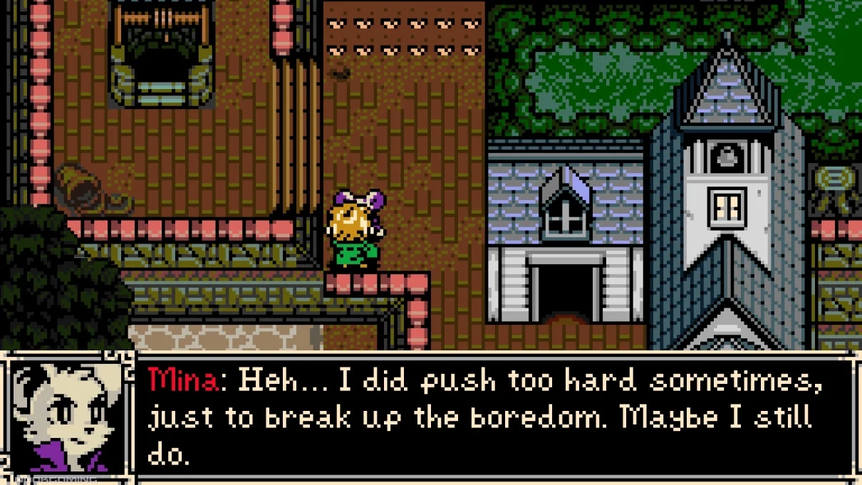 Mina the Hollower talking to an NPC about her pushing too hard