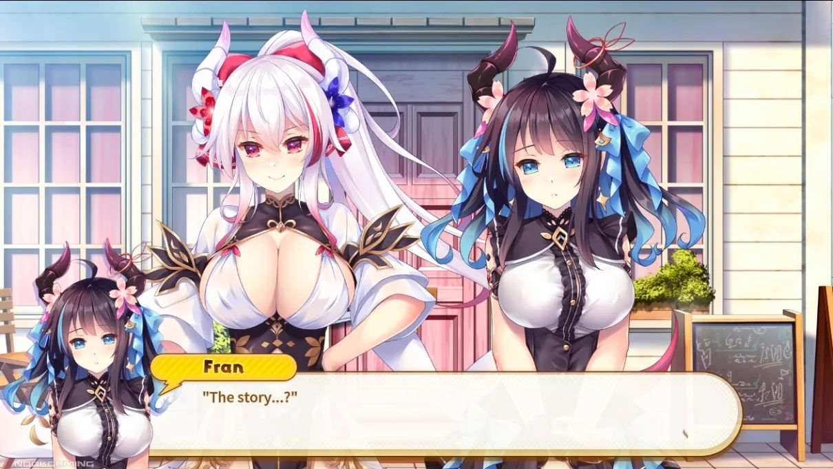 Fran asking about the cafe's backstory in Welcome to Cafe Lumière! ~A Dragon Girl Concept Cafe~