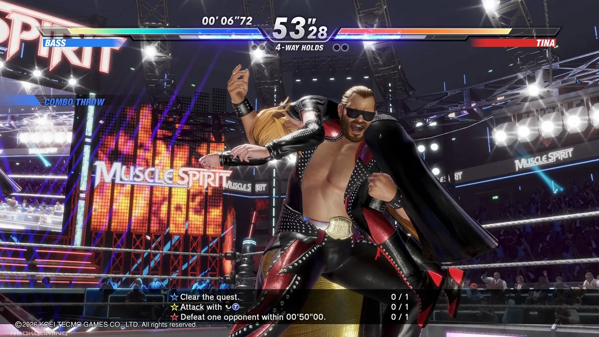 Bonus mode with objectives onscreen during a wrestling-esque battle animation