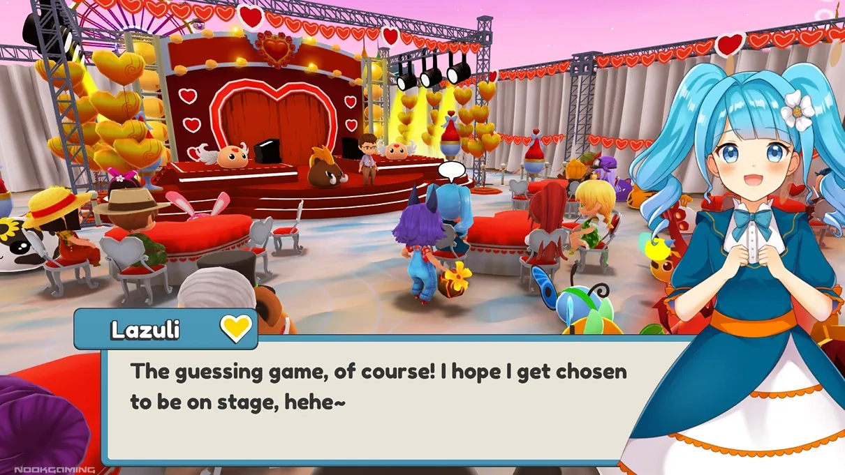A stage setting in Ova Magica, player talking to blue haired girl named Lazuli