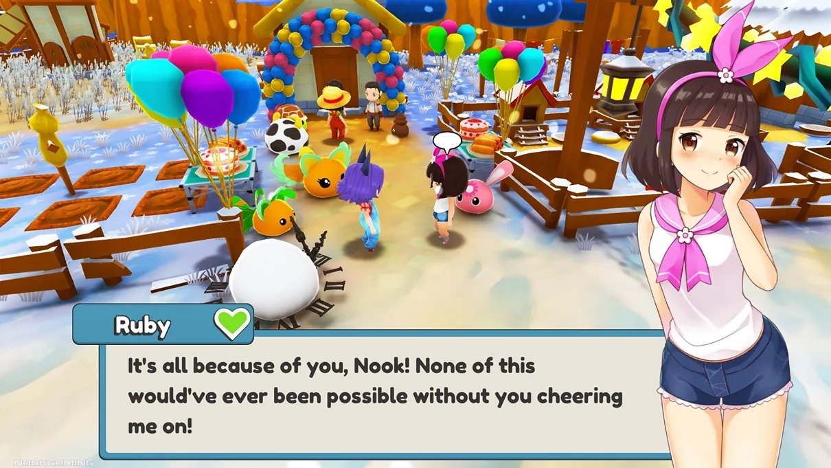 Player character being cheered on by a cute girl (Ruby) with a head decoration