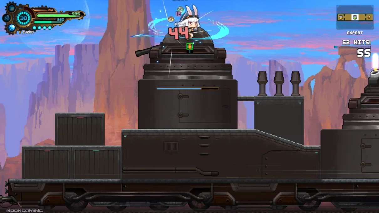 evi fighting a turret on a train level in Tevi - Fauna Arcana
