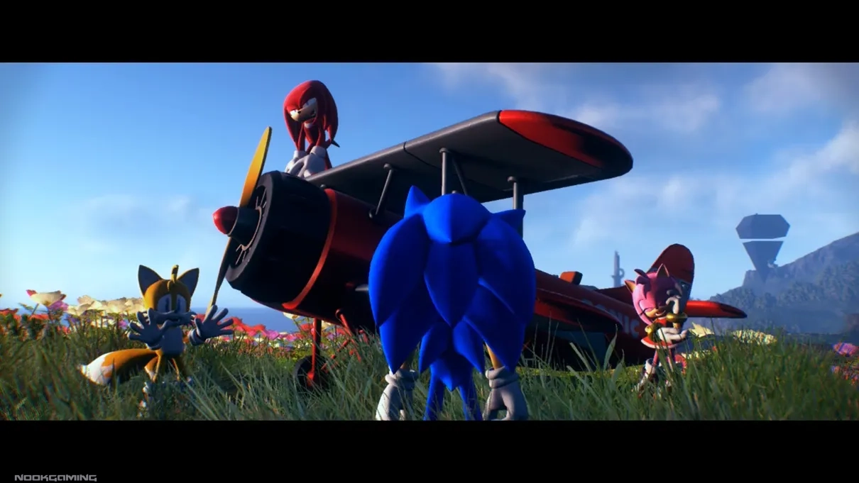 Sonic, Tails, Knuckles, and Amy in front of the biplane